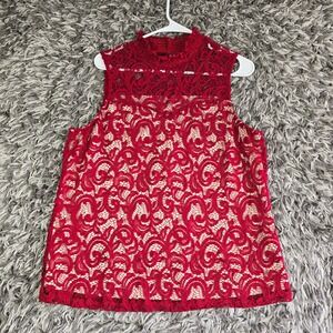 PerSeption Concept Red Floral Lace Mock Neck Sleeveless Blouse XL Romance